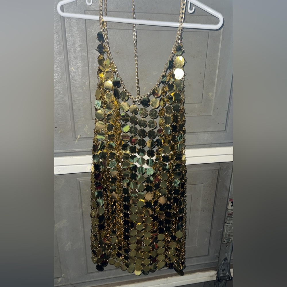 Audrey Parks (Francescas) Gold Sequin Dress with Chain Accents